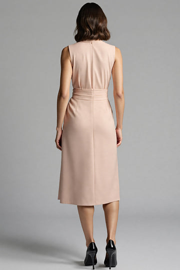 Champagne Notched Lapel Bodycon Midi Work Dress with Sash